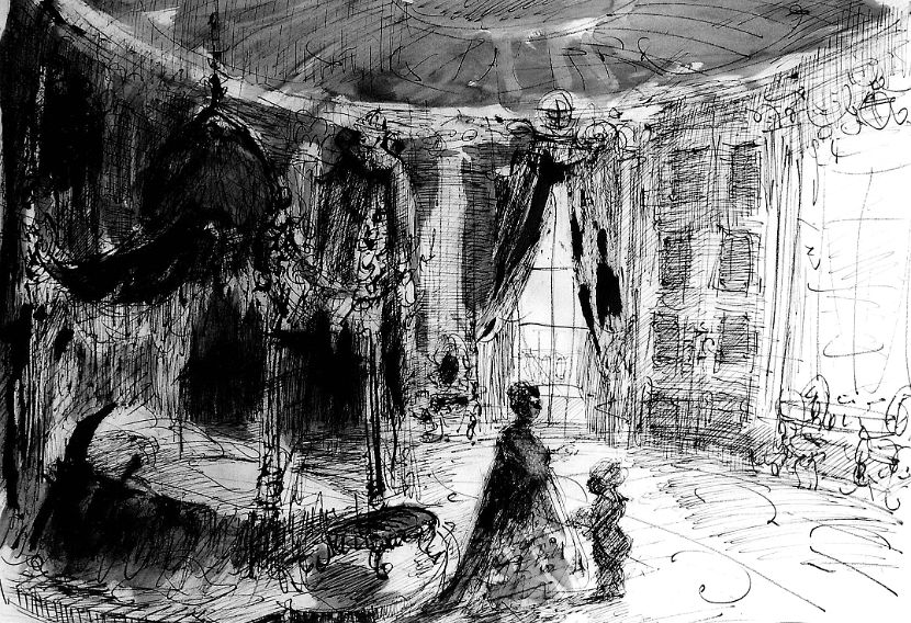 MARSCHALLIN UND DER MOOR aus dem 1. Akt DER ROSENKAVALIER,  Tusche-Sepia, 36 x 48 cm